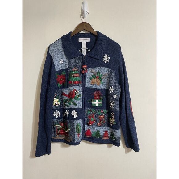Vintage Embroidered Christmas Xl Sweater Front Zip Collared Cardinals Womens - Picture 8 of 14